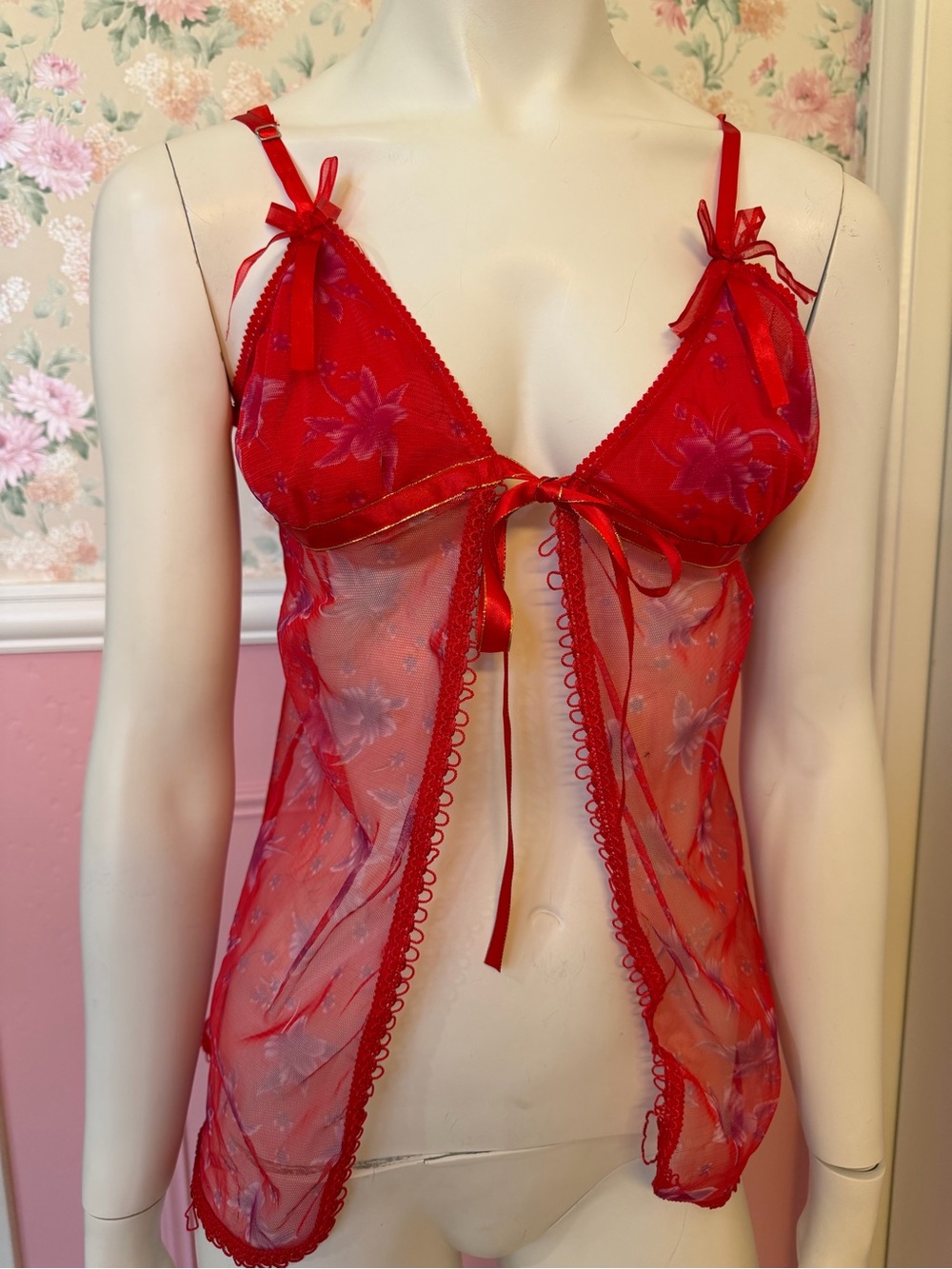 Sheer Red Floral Mesh Babydoll Chemise with Satin Ribbon